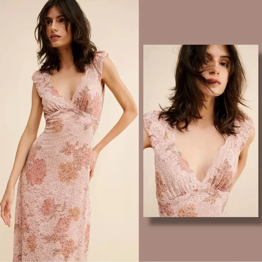 Free People Dainty Ethereal Butterfly Babe Lace Maxi Dress Antique Floral Large